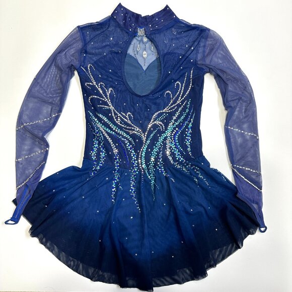 Girls Long Sleeve Figure Ice Skating Dress Rhinestones Mesh Ballet Dance Dresses - Picture 2 of 10